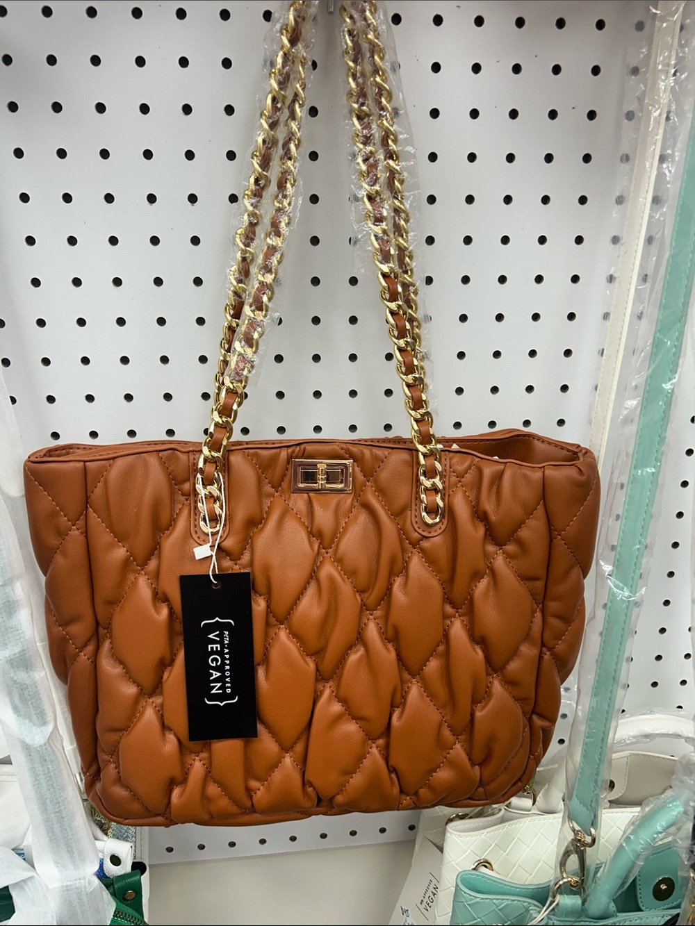 Quilted Vegan Leather Tote Bag in Cognac Brown with Gold Chain Straps